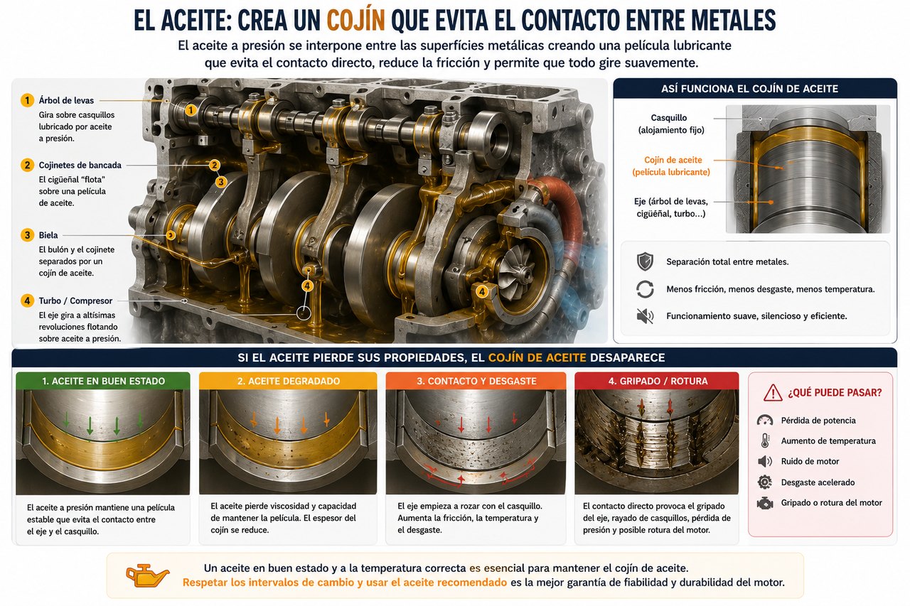 El aceite crea un cojín que evita el contacto entre metales